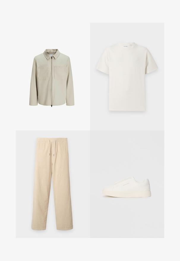 Beige jacket made of soft fabric, featuring a collar, front zip, and two large chest pockets. Long sleeves with a relaxed fit.; White short-sleeve T-shirt in a ribbed texture. Round neckline, relaxed fit, no visible patterns or accents. Simple and versatile design.; Beige corduroy pants with an elastic waistband and drawstring, featuring wide legs and vertical ribbed texture.; White slip-on sneakers with a textured surface, a thick sole, and minimalistic design. Features brand logo on the side.