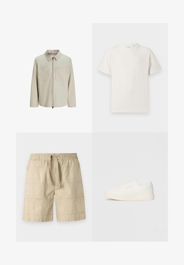 Beige jacka i mjukt tyg, med krage, framsida med dragkedja och två stora bröstfickor. Långa ärmar med avslappnad passform.; Vit t-shirt med kort ärm i ribbad struktur. Rund halsringning, löst sittande passform, inga synliga mönster eller detaljer. Enkelt och mångsidigt design.; Beige shorts i lättviktsmaterial med elastisk midja och dragsko, med ett subtilt rutmönster och rak passform.; Vita slip-on sneakers med en texturerad yta, en tjock sula och minimalistisk design. Har varumärkeslogotypen på sidan.