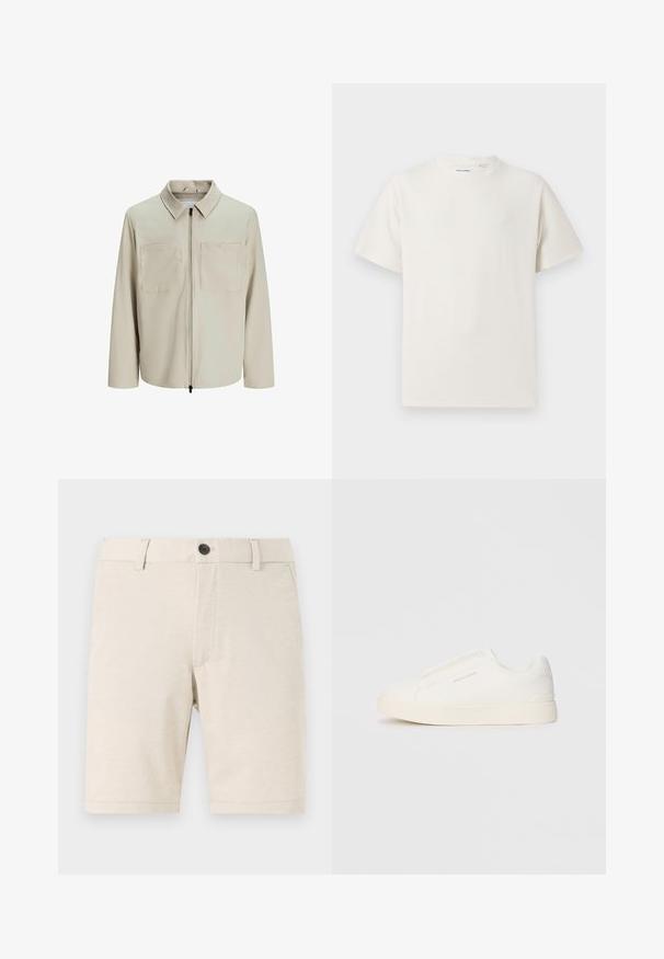 Beige jacket made of soft fabric, featuring a collar, front zip, and two large chest pockets. Long sleeves with a relaxed fit.; White short-sleeve T-shirt in a ribbed texture. Round neckline, relaxed fit, no visible patterns or accents. Simple and versatile design.; Beige shorts made of lightweight fabric, featuring a front button closure, belt loops, and a smooth texture. Hemline is straight.; White slip-on sneakers with a textured surface, a thick sole, and minimalistic design. Features brand logo on the side.