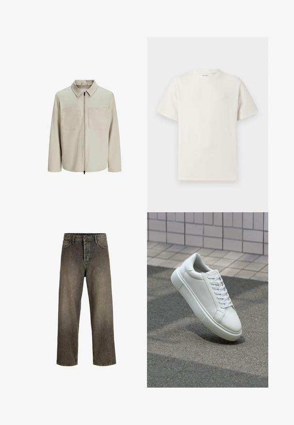Béžová bunda vyrobená z jemného materiálu, s golierom, predným zipsom a dvoma veľkými náprsníkmi. Dlhé rukávy s voľným strihom.; Biela krátka tričko s krátkym rukávom so žebrovanou textúrou. Okrúhly výstrih, uvoľnený strih, žiadne viditeľné vzory ani akcenty. Jednoduchý a všestranný dizajn.; Tmavo šedé široké džínsy s vyblednutým povrchom, dizajnom s piatimi vreckami, gombíkovým zapínaním a pútkami na opasok. Vyrobené z odolnej denimovej tkaniny.; Biele kožené tenisky s hladkým povrchom, okrúhlym špičkou a plochými bielymi šnúrkami. Obsahuje štruktúrovanú gumovú podrážku a minimalistický dizajn.