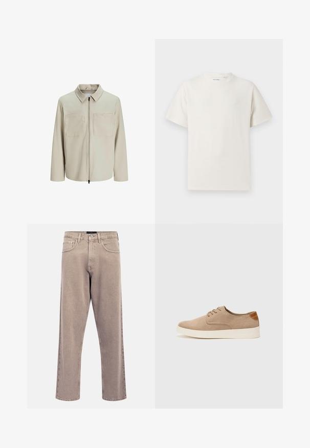 Kreminė striukė, pagaminta iš minkštos medžiagos, su apykakle, priekyje užtrauktuku ir dviem didelėmis krūtinės kišenėmis. Ilgos rankovės su laisvu pritaikymu.; Balta trumpa rankovė T-polo marškinėlių su juostelėmis tekstūra. Apvalus iškirpimas, laisvas fasonas, jokių matomų raštų ar akcentų. Paprastas ir universalus dizainas.; Šviesiai smėlio spalvos tiesios kojų džinsai su šiek tiek išblukusia tekstūra, penkių kišenių dizainu ir metaliniu mygtuko užsegimu. Išryškinti siuvimo detalės.; Bežiniai zomšiniai sportbačiai su apvaliomis pirštų dalimis, raišteliais priekyje ir tekstūruotu užkulniu. Balta guma suteikia kontrastą. Paprastas ir modernus dizainas.