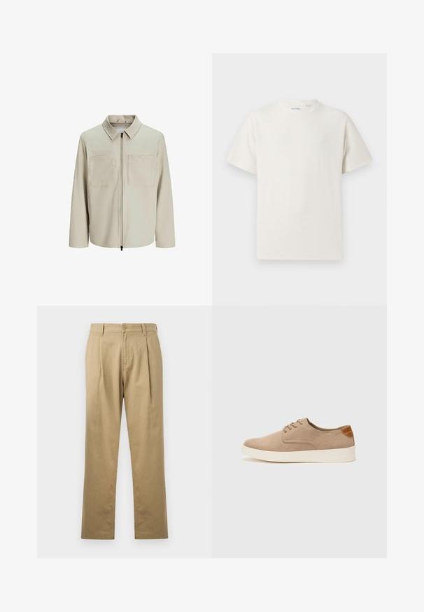 Veste beige en tissu doux, dotée d'un col, d'une fermeture éclair sur le devant et de deux grandes poches poitrine. Manches longues avec une coupe décontractée.; T-shirt blanc à manches courtes en texture côtelée. Encolure ronde, coupe décontractée, sans motifs ni accents visibles. Design simple et polyvalent.; Chinos beiges avec une jambe droite, un devant plissé et une fermeture à bouton. Tissu lisse et design de taille standard.; Baskets en daim beige avec un embout arrondi, un laçage sur le devant et un accent texturé à l'arrière. La semelle en caoutchouc blanche offre un contraste. Design simple et moderne.