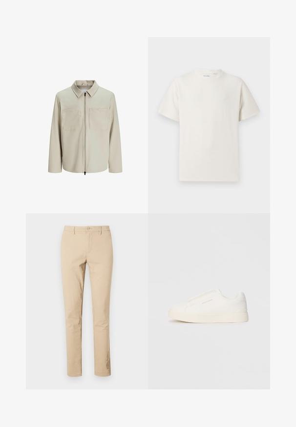 Beige jakke lavet af blødt stof, med krave, frontlynlås og to store brystlommer. Lange ærmer med afslappet pasform.; Hvid kortærmet T-shirt i ribbet tekstur. Rund halsudskæring, løs pasform, ingen synlige mønstre eller accenter. Enkel og alsidig design.; Beige bomuldsbukser med klassisk pasform, lynlås og knaplukning, bæltestropper og rene kanter. Ingen synlige mønstre eller accenter.; Hvide slip-on sneakers med en struktureret overflade, en tyk sål og et minimalistisk design. Har brandlogoet på siden.