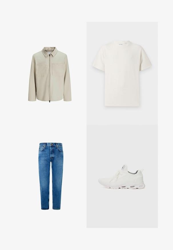 Bež jakk, mis on valmistatud pehmest kangast, millel on krae, ees zip ja kaks suurt rinna taskut. Pikad varrukad, millel on mugav lõige.; Valge lühikeste varrukatega T-särk ribakudumises. Ümar kaelus, mugav lõige, nähtavad mustrid ega aksessuaarid puuduvad. Lihtne ja mitmekesine disain.; Sinine denimist teksapüksid sirge lõikega, varrukate kinnitusega, viie tasku kujundusega ja kergelt pleekinud, et lisada tekstuuri.; Valged sportijalatsid, millel on tekstuuriga kudum peal, lame paelad ja pehmendatud tallad nähtavate õhukambritega täiendava toe jaoks.