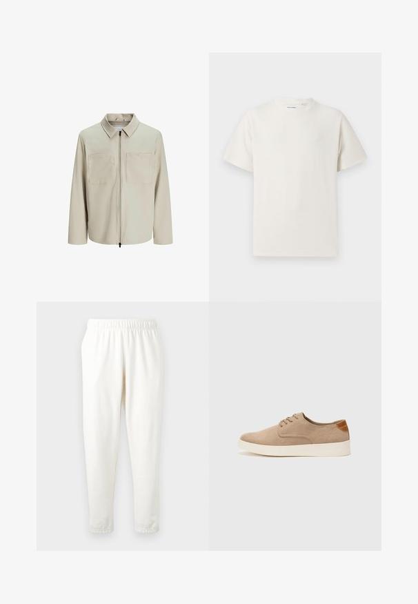 Beige jacket made of soft fabric, featuring a collar, front zip, and two large chest pockets. Long sleeves with a relaxed fit.; White short-sleeve T-shirt in a ribbed texture. Round neckline, relaxed fit, no visible patterns or accents. Simple and versatile design.; Elastic-waist cream-colored sweatpants with tapered legs, made of soft material. Features a smooth texture and no visible patterns or accents.; Beige suede sneakers with a rounded toe, lace-up front, and a textured back accent. White rubber sole provides contrast. Simple and modern design.