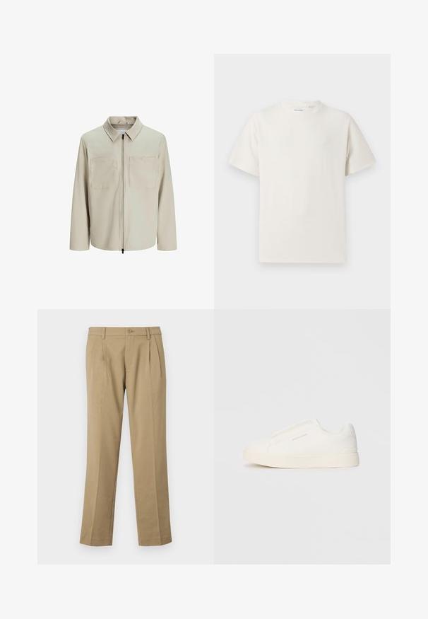 Beige Jacke aus weichem Stoff, mit Kragen, Frontreißverschluss und zwei großen Brusttaschen. Lange Ärmel mit lässiger Passform.; Weißes T-Shirt mit kurzen Ärmeln in gerippter Textur. Runder Ausschnitt, lockere Passform, keine sichtbaren Muster oder Akzente. Einfaches und vielseitiges Design.; Helle Hosen aus glattem Stoff, mit zwei vorderen Falten, einem Knopfverschluss und geraden Beinen mit einem sauberen Saum.; Weiße Slip-On-Sneaker mit einer strukturierten Oberfläche, dicker Sohle und minimalistischem Design. Mit Logo der Marke an der Seite.