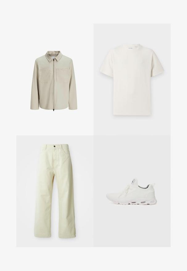 Bēša jaka, kas izgatavota no mīksta auduma, ar apkakli, priekšējo rāvējslēdzēju un diviem lieliem krūšu kabatām. Garas piedurknes ar brīvu piegriezumu.; Balta krūštura īsām piedurknēm ar ribota auduma faktūru. Apaļš kakla izgriezums, brīvs griezums, bez redzamām rakstām vai akcentiem. Vienkāršs un daudzpusīgs dizains.; Gai dzelteni, platajām kājām, denima bikses ar priekšējo pogu aizdari, piecām kabatām un taisnu, vienkāršu dizainu.; Baltas sporta apavi ar teksturētu adītu augšdaļu, platiem auklām un mīkstinātu zoli ar redzamām gaisa kamerām papildu atbalstam.