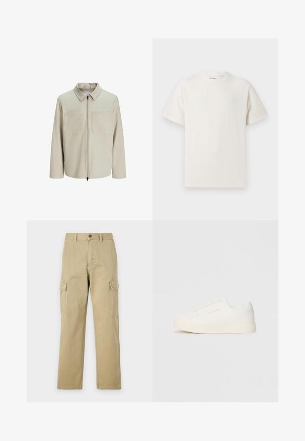 Beige Jacke aus weichem Stoff, mit Kragen, Frontreißverschluss und zwei großen Brusttaschen. Lange Ärmel mit lässiger Passform.; Weißes T-Shirt mit kurzen Ärmeln in gerippter Textur. Runder Ausschnitt, lockere Passform, keine sichtbaren Muster oder Akzente. Einfaches und vielseitiges Design.; Beige Cargo-Hosen aus Baumwolle, mit zwei Seitentaschen, einem Knopfverschluss und geraden Beinen aus einem leicht strukturierten Stoff.; Weiße Slip-On-Sneaker mit einer strukturierten Oberfläche, dicker Sohle und minimalistischem Design. Mit Logo der Marke an der Seite.
