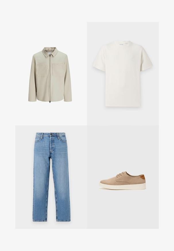Bežna jakna iz mehkega blaga, z ovratnikom, sprednjim zadrgo in dvema velikima žepoma na prsih. Dolgi rokavi z ohlapnim fitom.; Bela majica s kratkimi rokavi iz rebraste tkanine. Okrogli izrez, sproščen kroj, brez vidnih vzorcev ali naglasov. Preprosta in vsestranska zasnova.; Svetlo modri jeans iz denima s ravnim krojem, z zapiranjem na gumb in zadrgo, petimi žepni stilom in subtilnim bledenjem.; Bež tkanine usnjene superge z zaobljenim nosom, vezalkami na sprednji strani in teksturiranim zadnjim detajlom. Belo gumijasto podplato zagotavlja kontrast. Enostaven in sodoben dizajn.