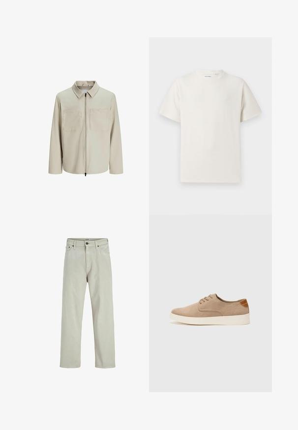 Bēša jaka, kas izgatavota no mīksta auduma, ar apkakli, priekšējo rāvējslēdzēju un diviem lieliem krūšu kabatām. Garas piedurknes ar brīvu piegriezumu.; Balta krūštura īsām piedurknēm ar ribota auduma faktūru. Apaļš kakla izgriezums, brīvs griezums, bez redzamām rakstām vai akcentiem. Vienkāršs un daudzpusīgs dizains.; Gai krēmkrāsas džinsu bikses ar taisnu kāju dizainu, piecām kabatām un pogu aizdari viduklī, ar minimālām šuvju detaļām.; Beige zamšādas kedas ar noapaļotu purngala daļu, auklēm saplacinātu priekšpusi un teksturētu aizmugures akcentu. Balta gumijas zole nodrošina kontrastu. Vienkāršs un mūsdienīgs dizains.