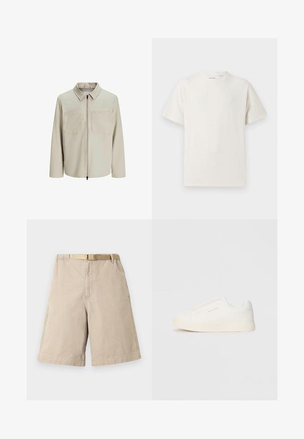 Beige jasje van zachte stof, met een kraag, een voorrits en twee grote borstzakken. Lange mouwen met een relaxte pasvorm.; Witte korte mouwen T-shirt met ribbelstructuur. Ronde hals, ontspannen pasvorm, geen zichtbare patronen of accenten. Eenvoudig en veelzijdig ontwerp.; Beige katoenen shorts met een riem, met een rechte snit, zijzakken en versterkte stiksels aan de naden. Gladde textuur overal.; Witte instap sneakers met een gestructureerd oppervlak, een dikke zool en een minimalistisch ontwerp. Bevat het merklogo aan de zijkant.