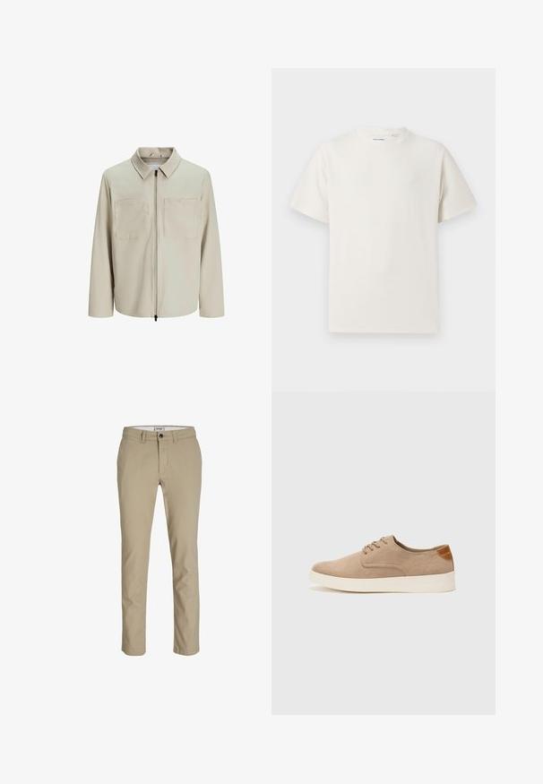 Beige bunda vyrobená z měkkého materiálu, s límečkem, předním zipem a dvěma velkými náprsními kapsami. Dlouhé rukávy s volným střihem.; Bílý krátký rukáv tričko s pružnou strukturou. Kulatý výstřih, volný střih, bez viditelných vzorů nebo detailů. Jednoduchý a univerzální design.; Béžové bavlněné kalhoty slim fit s předním zipem, knoflíkovým zapínáním a čtyřmi kapsami. Hladká textura, bez vzorů nebo akcentů.; Béžové semišové tenisky s kulatou špičkou, šněrováním vpředu a texturovaným zadním akcentem. Bílá gumová podrážka poskytuje kontrast. Jednoduchý a moderní design.