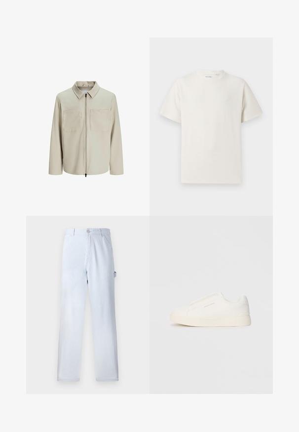 Beige színű, puha anyagból készült dzseki, gallérral, elülső cipzárral és két nagy zsebbe való mellel. Hosszú ujjú, laza fazonú.; Fehér, rövid ujjú póló bordázott textúrával. Kerek nyakkivágás, laza szabás, nincs látható minta vagy díszítés. Egyszerű és sokoldalú dizájn.; Világoskék csíkozott nadrág, pamutból készült. Egyenes szárú fazon, elülső gombos záródással és oldalsó zsebekkel. Puha tapintású.; Fehér slip-on sportcipők texturált felülettel, vastag talppal és minimalista dizájnnal. Az oldalon a márka logója található.