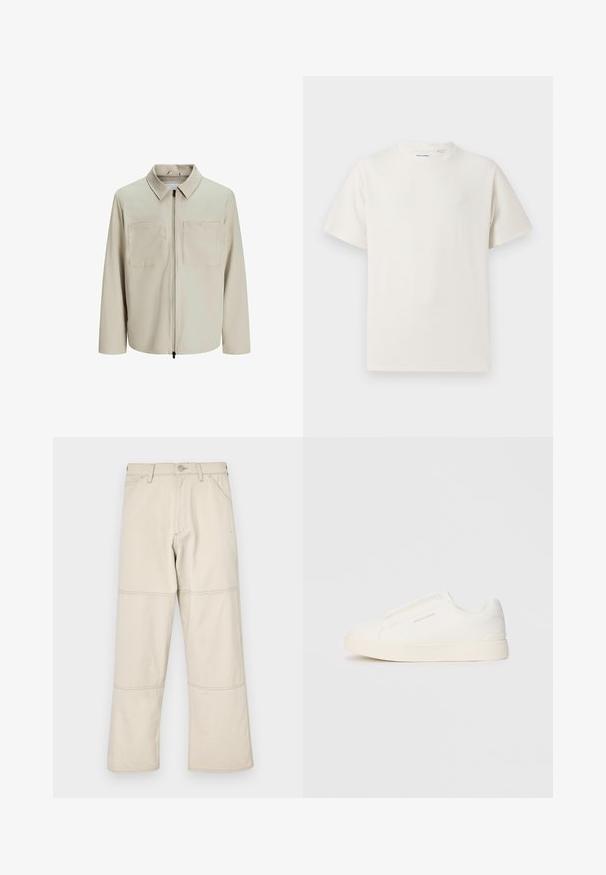 Beige jacket made of soft fabric, featuring a collar, front zip, and two large chest pockets. Long sleeves with a relaxed fit.; White short-sleeve T-shirt in a ribbed texture. Round neckline, relaxed fit, no visible patterns or accents. Simple and versatile design.; Beige wide-leg jeans made of cotton with a smooth texture, featuring triple stitching on seams and five pockets including a coin pocket.; White slip-on sneakers with a textured surface, a thick sole, and minimalistic design. Features brand logo on the side.