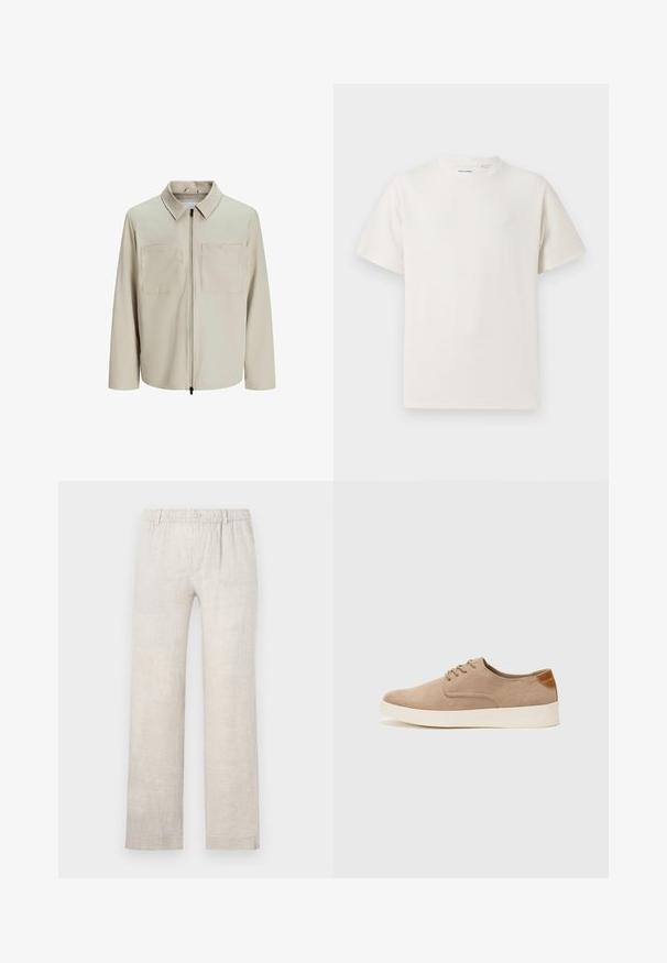 Bežna jakna iz mehkega blaga, z ovratnikom, sprednjim zadrgo in dvema velikima žepoma na prsih. Dolgi rokavi z ohlapnim fitom.; Bela majica s kratkimi rokavi iz rebraste tkanine. Okrogli izrez, sproščen kroj, brez vidnih vzorcev ali naglasov. Preprosta in vsestranska zasnova.; Svetlo bež lanene hlače s ravno nogavico, elastičnim pasom in gumbom za zapiranje. Minimalna tekstura z diskretnimi šivi.; Bež tkanine usnjene superge z zaobljenim nosom, vezalkami na sprednji strani in teksturiranim zadnjim detajlom. Belo gumijasto podplato zagotavlja kontrast. Enostaven in sodoben dizajn.