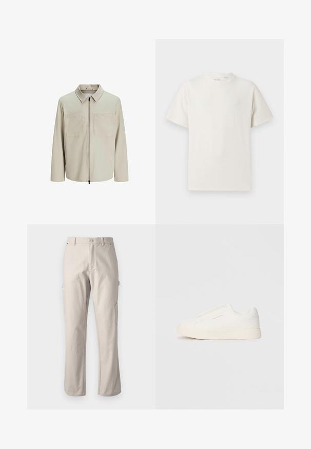 Beige jakke lavet af blødt stof, med krave, frontlynlås og to store brystlommer. Lange ærmer med afslappet pasform.; Hvid kortærmet T-shirt i ribbet tekstur. Rund halsudskæring, løs pasform, ingen synlige mønstre eller accenter. Enkel og alsidig design.; Beige cargo bukser lavet af robust bomuld med lige ben, frontknaplukning og sidelommer til praktisk brug. Glat tekstur med diskret syning.; Hvide slip-on sneakers med en struktureret overflade, en tyk sål og et minimalistisk design. Har brandlogoet på siden.