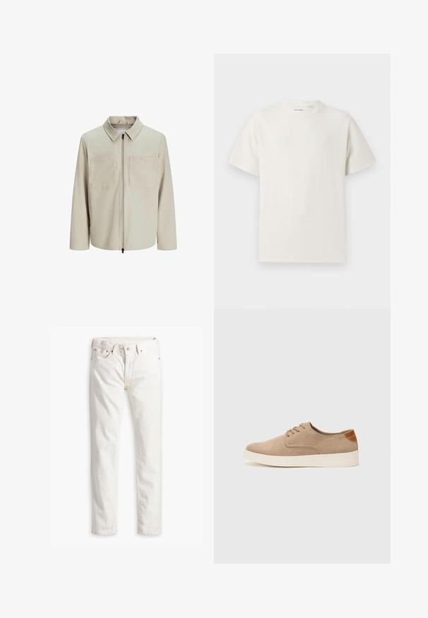 Chaqueta beige hecha de un tejido suave, con cuello, cierre frontal y dos grandes bolsillos en el pecho. Mangas largas con un corte relajado.; Camiseta blanca de manga corta en textura acanalada. Cuello redondo, corte relajado, sin patrones ni acentos visibles. Diseño simple y versátil.; Pantalones vaqueros de denim blanco con corte recto, cinco bolsillos, botón de cobre y remaches, y una tela texturada sutil. Sin patrones visibles.; Zapatillas de ante beige con puntera redondeada, cordones en la parte delantera y un acento texturizado en la parte trasera. La suela de goma blanca proporciona contraste. Diseño sencillo y moderno.