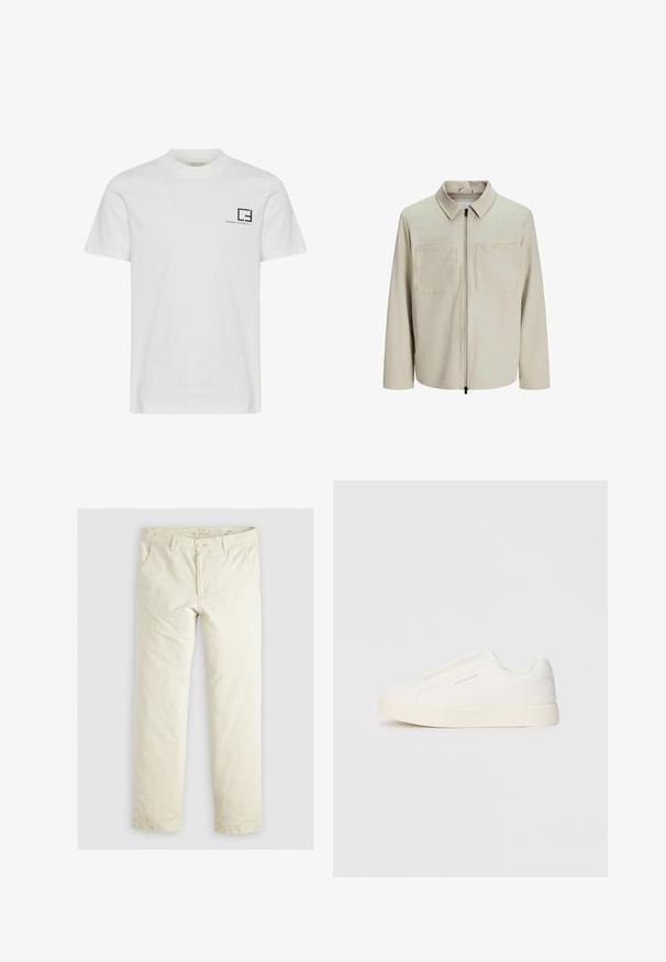Béžová bunda vyrobená z jemného materiálu, s golierom, predným zipsom a dvoma veľkými náprsníkmi. Dlhé rukávy s voľným strihom.; Biela bavlnená tričko s okrúhlym výstrihom a krátkymi rukávmi. Na ľavej strane hrudníka obsahuje námornícku grafiku loga a text.; Svetlo béžové voľné nohavice s troma vreckami, pútky na opasok a rovnými nohavicami. Vyrobené z mäkkej bavlnenej zmesi.; Biele slip-on tenisky s textúrovaným povrchom, hrubou podrážkou a minimalistickým dizajnom. Obsahuje logo značky na boku.