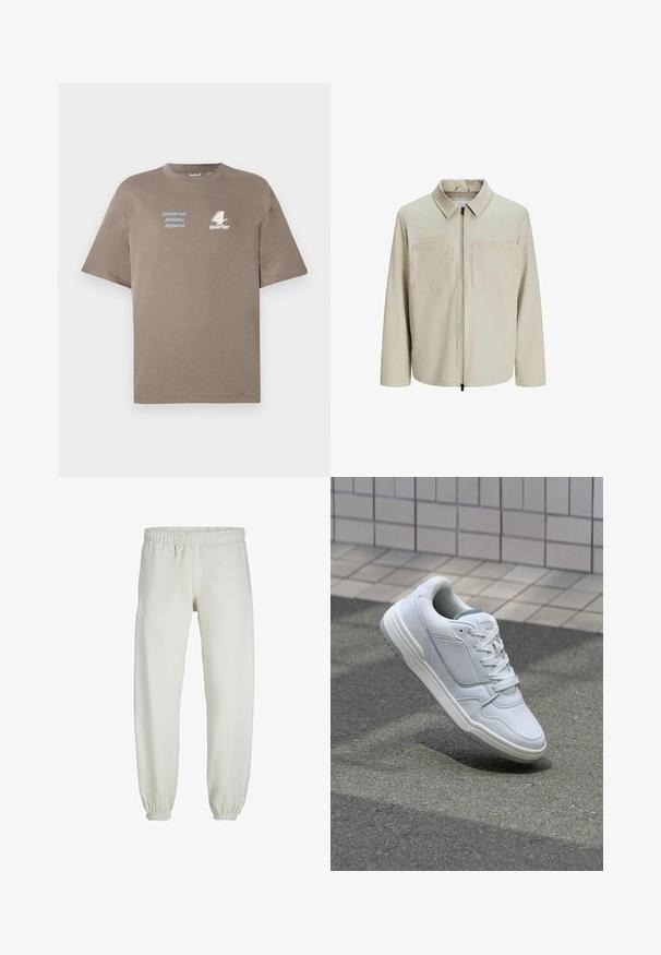 Beige Jacke aus weichem Stoff, mit Kragen, Frontreißverschluss und zwei großen Brusttaschen. Lange Ärmel mit lässiger Passform.; Braunes Baumwoll-T-Shirt mit rundem Ausschnitt. Mit blauer Schrift "Universal Athletic Apparel" und weißem "4th quarter"-Logo auf der Vorderseite. Kurze Ärmel.; Weiße Jogginghose aus weichem Stoff, mit elastischem Bund und Säumen, einer glatten Textur und lockerem Schnitt.; Weiße Ledersneaker mit perforierten Seiten, strukturierten Akzenten, flachen Schnürsenkeln und einer kontrastierenden grauen Ferse. Verfügt über eine leicht erhöhte Sohle.