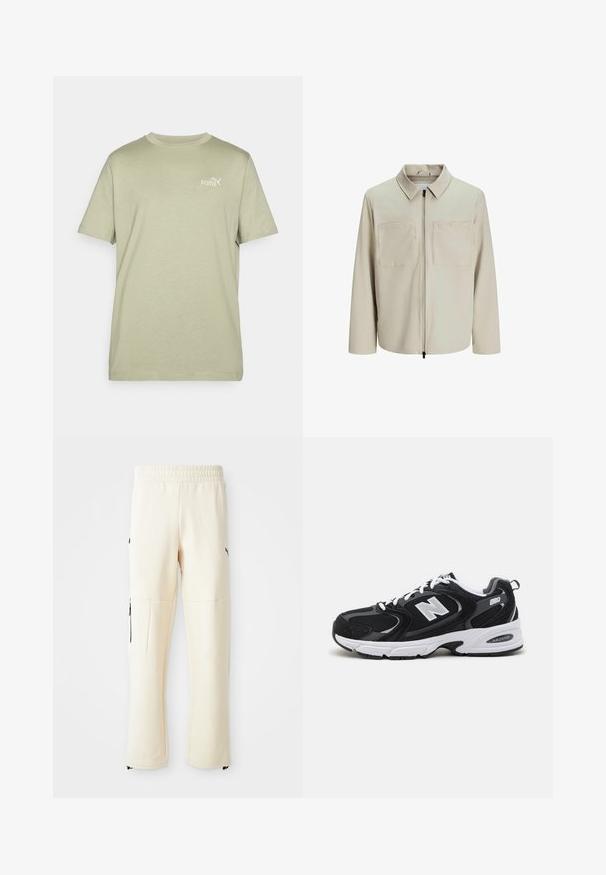 Kreminė striukė, pagaminta iš minkštos medžiagos, su apykakle, priekyje užtrauktuku ir dviem didelėmis krūtinės kišenėmis. Ilgos rankovės su laisvu pritaikymu.; Alyvuogių žalios spalvos marškinėliai su apvalia apykakle ir trumpomis rankovėmis. Ant krūtinės yra nedidelis baltas Puma logotipas. Pagaminti iš minkštos, lengvos medžiagos.; Šviesiai smėliniai sportiniai kelnių pagaminti iš minkštos medžiagos. Yra juodas logotipas, šoniniai kišenės su užtrauktukais ir laisvas siluetas.; Juodi ir pilki sportiniai batai su tinklu ir zomšos viršutine dalimi, su balta vidurio pade, raišteliais ir ryškiu "N" logotipu šone.