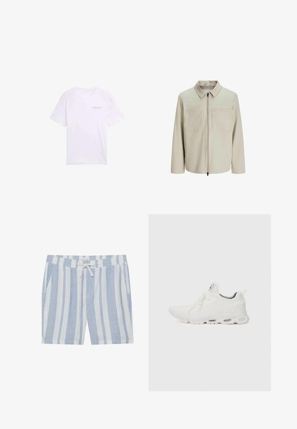 Béžová bunda vyrobená z jemného materiálu, s golierom, predným zipsom a dvoma veľkými náprsníkmi. Dlhé rukávy s voľným strihom.; Biela bavlnená tričko s krátkymi rukávmi, okrúhlym výstrihom a malým potlačeným logom na ľavej strane hrude. Hladká textura, neformálny dizajn.; Pruhované šortky z ľahkej tkaniny, s modro-bielymi vertikálnymi pruhmi, elastickým pásom s povrázkom a bočnými vreckami.; Biele športové topánky so štruktúrovaným pleteným zvrškom, plochými šnúrkami a odpruženou podrážkou s viditeľnými vzduchovými komorami pre dodatočnú podporu.