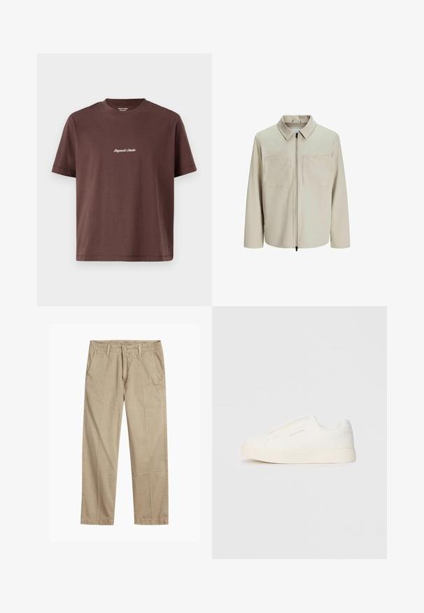 Giacca beige realizzata in tessuto morbido, dotata di colletto, zip frontale e due ampie tasche sul petto. Maniche lunghe con una vestibilità rilassata.; T-shirt in cotone marrone con collo a giro. Caratterizzato da maniche corte e un testo centrale ricamato che dice "Original Studio" in bianco.; Chinos beige a gamba dritta con passanti per cintura, chiusura frontale a bottone e zip, e tasche laterali inclinati.; Sneakers bianchi slip-on con superficie texturizzata, suola spessa e design minimalista. Presentano il logo del marchio sul lato.