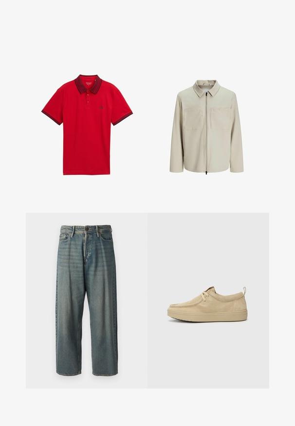 Beige bunda vyrobená z měkkého materiálu, s límečkem, předním zipem a dvěma velkými náprsními kapsami. Dlouhé rukávy s volným střihem.; Červené polo tričko s krátkým rukávem, tmavým límečkem a okraji rukávů, s dvouknoflíkovou lištou a malým logem na hrudi.; Světle modré denimové džíny s volným střihem, středně vysokým pasem a rovnými nohavicemi. Obsahují pět kapes, poutka na opasek a zapínání na knoflík.; Béžové semišové nazouvací boty s kulatou špičkou, minimálním šitím a gumovou podrážkou. Měkká textura s jemným logem na patě.