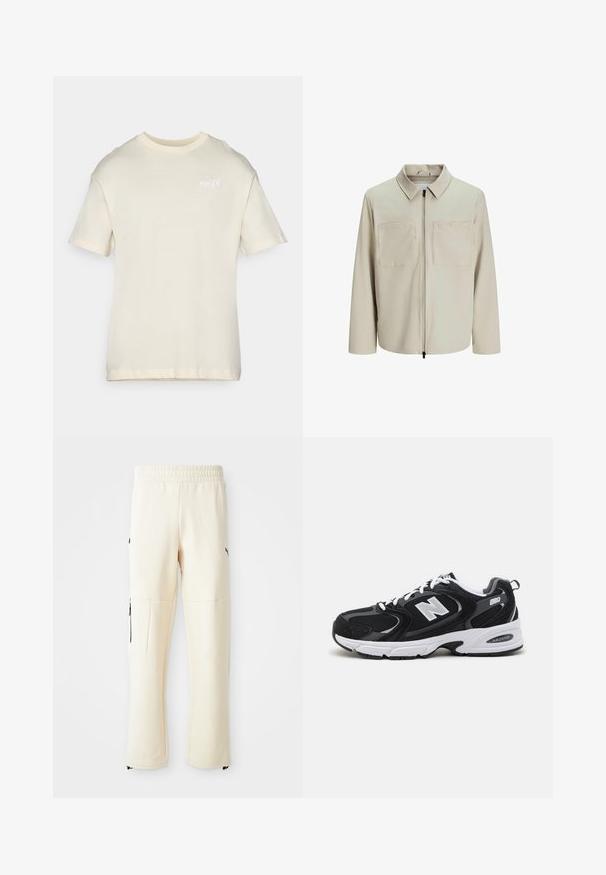 Bež jakna od mekog materijala, s ovratnikom, prednjim patentnim zatvaračem i dva velika džepa na grudima. Dugački rukavi s opuštenim krojem.; Kratki rukavi krem T-shirt od mekanog pamuka s okruglim izrezom i malim izvezenim logotipom na prsima. Glatka tekstura, opušteni kroj.; Svijetlosmeđi dukserice hlače izrađene od mekog materijala. Sadrže crni logo, bočne džepove sa zatvaračima i opušteni kroj.; Crne i sive atletske tenisice s mrežastim i nubuk gornjim dijelom, s bijelom srednjom potplatom, vezicama i hrabrim "N" logotipom sa strane.