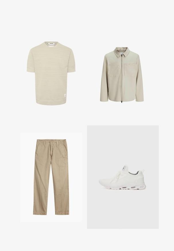 Beige színű, puha anyagból készült dzseki, gallérral, elülső cipzárral és két nagy zsebbe való mellel. Hosszú ujjú, laza fazonú.; Világoszöld, rövid ujjú póló, texturált mintával, kerek nyakkal, és egy kis fehér címkével az alján. Puha pamut keverék anyag.; Beige egyenes szárú chino nadrág övhurkokkal, elülső gombos és cipzáras záródással, valamint ferde elülső zsebekkel.; Fehér sportcipők, texturált kötött felsőrésszel, lapos fűzőkkel és párnázott talppal, amely látható légkamrákkal rendelkezik a megerősített kényelem érdekében.