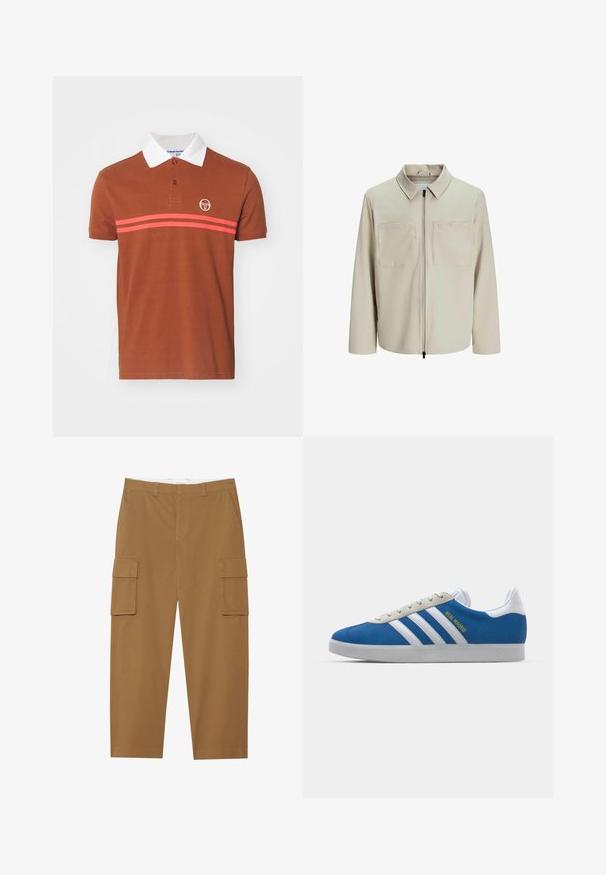 Bež jakk, mis on valmistatud pehmest kangast, millel on krae, ees zip ja kaks suurt rinna taskut. Pikad varrukad, millel on mugav lõige.; Pruun polo särk valge krae ja kahe horisontaalse roosa triibuga, millel on rindkerel logo. Valmistatud tekstureeritud kangast.; Pruunid cargo püksid, millel on kaks külgtaskut, lapik eesmine osa ja sirge lõige. Valmistatud vastupidavast kangast, millel on sile tekstuur.; adidas Originals ADIDAS GAZELLE SHOES - Saalijalgpalli saapad - real madrid/bluebird/footwear white/crew yellow