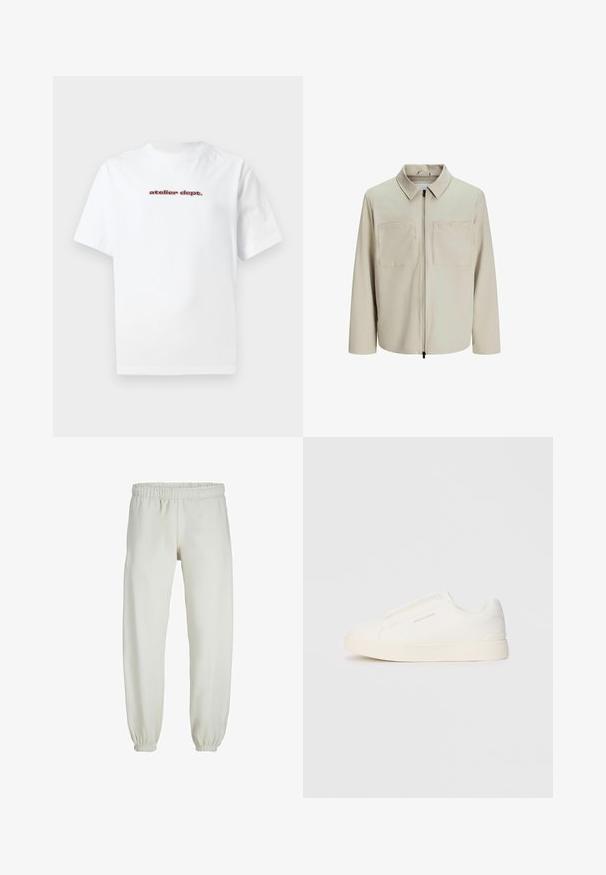 Beige jacket made of soft fabric, featuring a collar, front zip, and two large chest pockets. Long sleeves with a relaxed fit.; White cotton t-shirt with short sleeves and a crew neckline, featuring red text "atelier dept." printed on the front. Simple design.; White sweatpants made from soft fabric, featuring an elastic waistband and cuffs, with a smooth texture and loose-fitting design.; White slip-on sneakers with a textured surface, a thick sole, and minimalistic design. Features brand logo on the side.