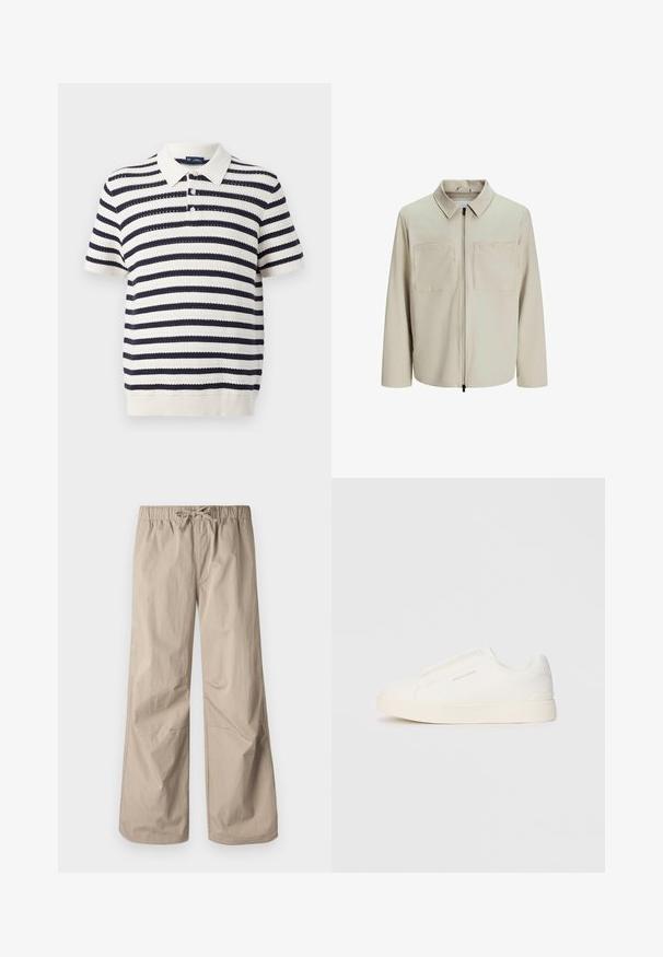 Bežna jakna iz mehkega blaga, z ovratnikom, sprednjim zadrgo in dvema velikima žepoma na prsih. Dolgi rokavi z ohlapnim fitom.; Polo majica s prugicami v mornarsko modri in kremni barvi, kratkimi rokavi, rebrastim ovratnikom in placketom s tremi gumbi. Pletena tekstura.; Bež hlače širokega kroja z elastičnim pasom in vrvico. Gladka tekstura, dve stranski žepu in minimalni šivi za sproščen fit.; Bele zapete brez vezalk z teksturirano površino, debelim podplatom in minimalističnim dizajnom. Na strani se nahaja logotip blagovne znamke.