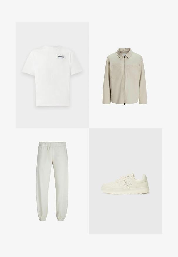 Beige jacket made of soft fabric, featuring a collar, front zip, and two large chest pockets. Long sleeves with a relaxed fit.; White cotton t-shirt featuring a blue embroidered "Timberland Rugged Active Gear" logo on the upper left chest. Short sleeves and round neck.; White sweatpants made from soft fabric, featuring an elastic waistband and cuffs, with a smooth texture and loose-fitting design.; Cream-colored sneaker with perforated detailing, laces, and logo on the side, displayed against a plain white background.