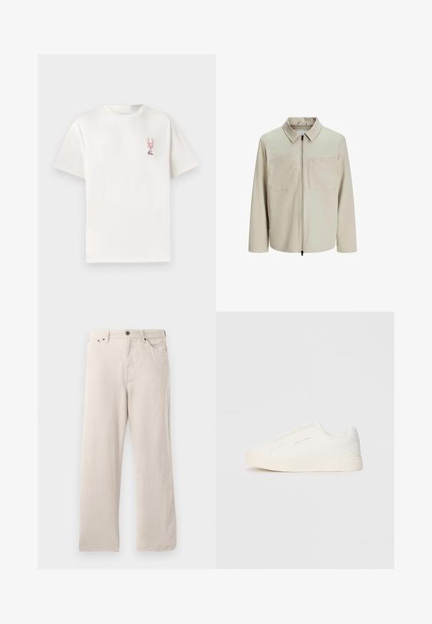 Beige Jacke aus weichem Stoff, mit Kragen, Frontreißverschluss und zwei großen Brusttaschen. Lange Ärmel mit lässiger Passform.; Weißes Baumwoll-T-Shirt mit kurzen Ärmeln, das auf der linken Brust eine pinke Hummergrafik und darunter das Wort "Ciao" in Schwarz zeigt.; Beige Corduroyhosen mit geradem Schnitt, gerippter Textur, Fünf-Taschen-Design und Knopfverschluss.; Weiße Slip-On-Sneaker mit einer strukturierten Oberfläche, dicker Sohle und minimalistischem Design. Mit Logo der Marke an der Seite.