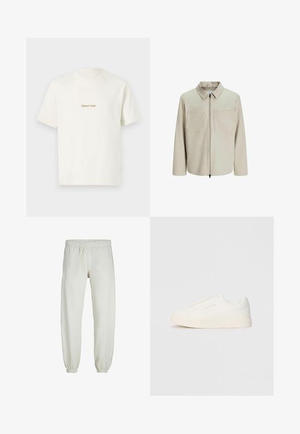 Bēša jaka, kas izgatavota no mīksta auduma, ar apkakli, priekšējo rāvējslēdzēju un diviem lieliem krūšu kabatām. Garas piedurknes ar brīvu piegriezumu.; Kremkrāsas kokvilnas T-krekls ar īsām piedurknēm, apaļu kakla izgriezumu un izšūtu "Original Studio" logo zelta krāsā uz krūšu daļas. Mīksta tekstūra.; Baltas treniņbikses, izgatavotas no mīkstas auduma, ar elastīgu jostu un piedurknēm, gluda tekstūra un brīva piegriezuma dizains.; Baltas slip-on sporta apavi ar teksturētu virsmu, biezu zoli un minimālistisku dizainu. Sānos redzams zīmola logotips.