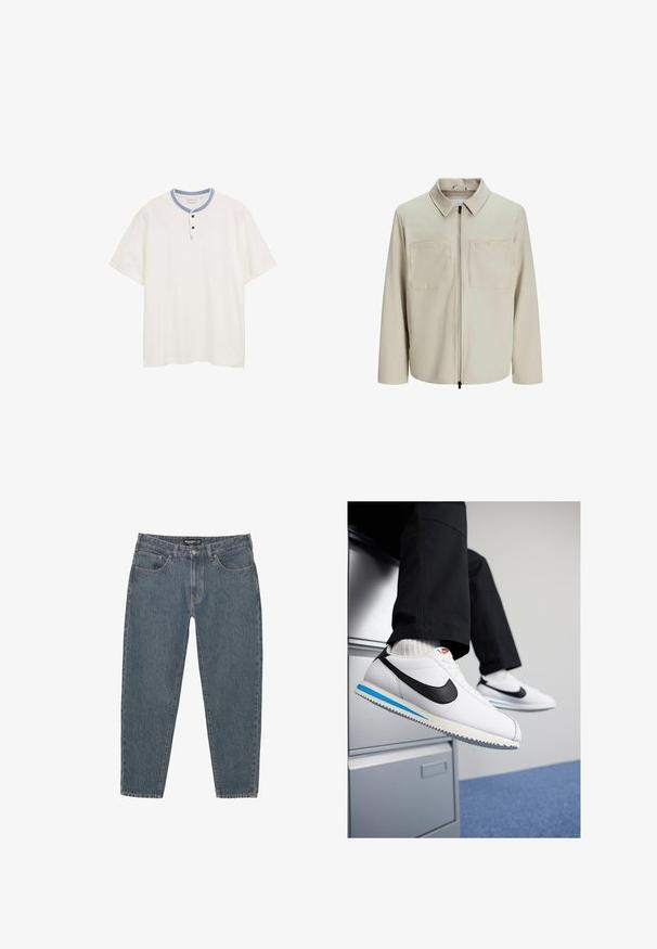 Beżowa kurtka wykonana z miękkiego materiału, z kołnierzem, zamek błyskawiczny z przodu i dwoma dużymi kieszeniami na piersiach. Długie rękawy o luźnym kroju.; Biała koszula z krótkim rękawem i okrągłym dekoltem, z niebieskimi akcentami i zapięciem na trzy guziki. Teksturowany materiał z subtelnym poziomym wzorem.; Granatowe jeansy z luźnym krojem, pięcioma kieszeniami, zapięciem na guzik i lekko postrzępionym dołem. Trwały materiał o subtelnej teksturze.; Białe skórzane trampki z czarnym logo Nike, jasnoniebieską i szaro-rubberową podeszwą oraz klasycznym wiązanym zapięciem. Stopy opierające się na szafce na dokumenty.