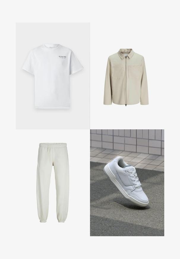 Beige jacket made of soft fabric, featuring a collar, front zip, and two large chest pockets. Long sleeves with a relaxed fit.; White cotton t-shirt with short sleeves, round neckline, featuring a small black text logo "J&J since 1990 Society Club" on the chest.; White sweatpants made from soft fabric, featuring an elastic waistband and cuffs, with a smooth texture and loose-fitting design.; White leather sneaker with perforated sides, textured accents, flat laces, and a contrasting gray heel. Features a slightly elevated sole.