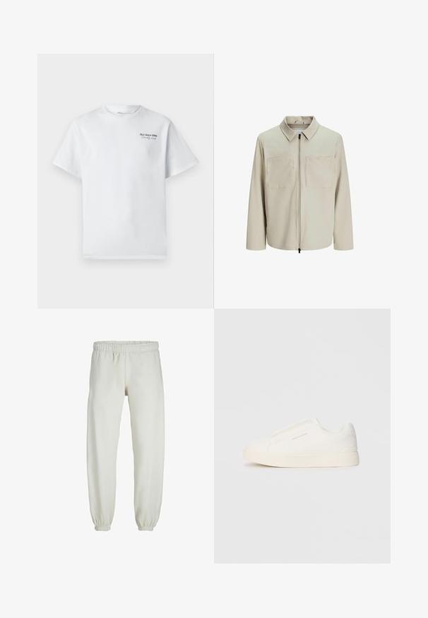 Beige színű, puha anyagból készült dzseki, gallérral, elülső cipzárral és két nagy zsebbe való mellel. Hosszú ujjú, laza fazonú.; Fehér pamut póló rövid ujjal, kerek nyakkivágással, amelyen egy kis fekete szöveges logó található: "J&J since 1990 Society Club" a mellrészen.; Fehér melegítőnadrág, puha anyagból készült, rugalmas derékrésszel és mandzsettával, sima tapintású és laza szabású.; Fehér slip-on sportcipők texturált felülettel, vastag talppal és minimalista dizájnnal. Az oldalon a márka logója található.