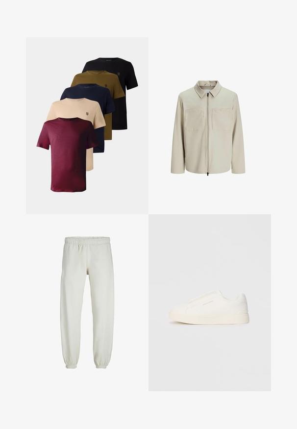 Kreminė striukė, pagaminta iš minkštos medžiagos, su apykakle, priekyje užtrauktuku ir dviem didelėmis krūtinės kišenėmis. Ilgos rankovės su laisvu pritaikymu.; Penki trumpomis rankovėmis marškiniai, rodyti raudonos, smėlio, tamsiai mėlynos, alyvmedžių žalios ir juodos spalvų, su apvaliu kaklu ir mažuoju logotipu ant krūtinės.; Baltos sportinės kelnės, pagamintos iš minkštos medžiagos, su elastinga juosmeniu ir rankogaliais, turinčios lygią tekstūrą ir laisvą siluetą.; Baltos slip-on sportbačiai su tekstūruota paviršiumi, storesniu padu ir minimalistišku dizainu. Šone matosi prekės ženklo logotipas.