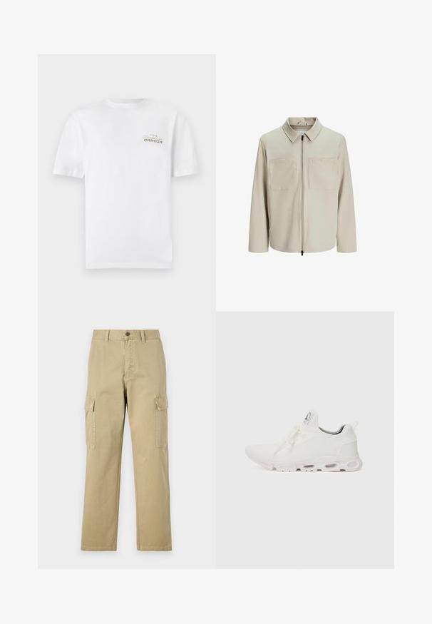 Beige bunda vyrobená z měkkého materiálu, s límečkem, předním zipem a dvěma velkými náprsními kapsami. Dlouhé rukávy s volným střihem.; Bílý bavlněný tričko s krátkými rukávy, kulatým výstřihem a malým potiskem černé a zlaté barvy s nápisem "Cancun."; Beige cargo kalhoty vyrobené z bavlny, s dvěma bočními kapsami, knoflíkovým zapínáním a rovnými nohavicemi z mírně texturované látky.; Bílé sportovní boty s texturovaným pleteným svrškem, plochými tkaničkami a polstrovanou podešví s viditelnými vzduchovými komorami pro zvýšenou podporu.