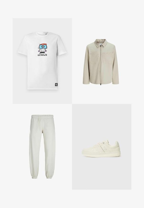 Beige bunda vyrobená z měkkého materiálu, s límečkem, předním zipem a dvěma velkými náprsními kapsami. Dlouhé rukávy s volným střihem.; Bílá tričko s kreslenou postavičkou nosící modré brýle a červené vlasy nad slovem "GENIUS" na hrudi, štítek Cartoon Network na lemu.; Bílé tepláky vyrobené z měkkého materiálu, s elastickým pasem a manžetami, s hladkou texturou a volným střihem.; Světlé krémové tenisky s perforovanými detaily, šněrováním a logem na boku, vystavené na jednoduchém bílém pozadí.