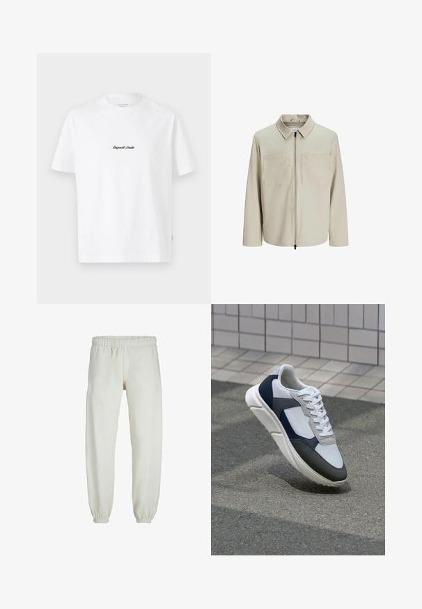 Beige színű, puha anyagból készült dzseki, gallérral, elülső cipzárral és két nagy zsebbe való mellel. Hosszú ujjú, laza fazonú.; Fehér pamut póló rövid ujjal, az elején egy kis fekete "Originals Studio" logóval és a szegélyén egy texturált címkével.; Fehér melegítőnadrág, puha anyagból készült, rugalmas derékrésszel és mandzsettával, sima tapintású és laza szabású.; Fehér, tengerészkék és szürke sneaker vegyes anyagokból készült dizájnnal, amely textúrázott felsőrésszel, lapos fűzőkkel és párnázott talppal rendelkezik.