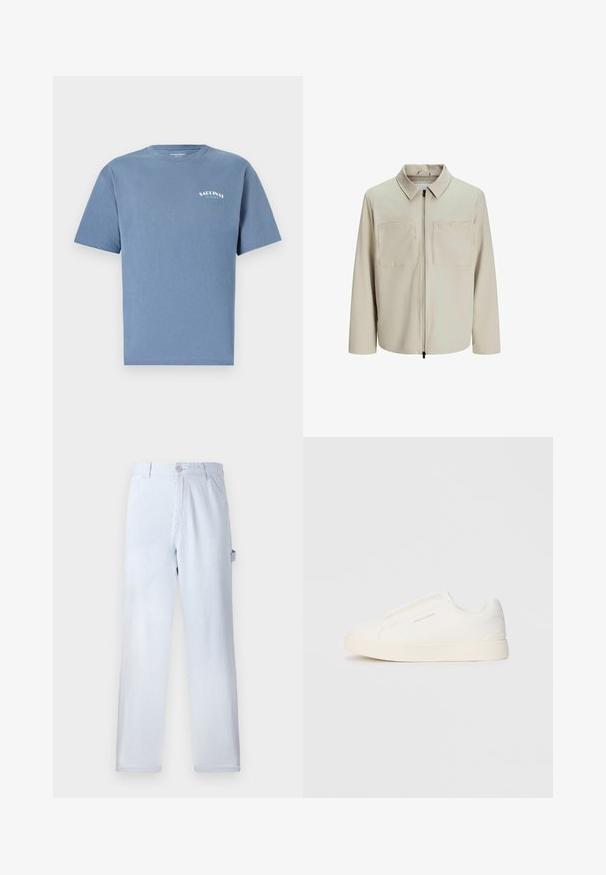 Kreminė striukė, pagaminta iš minkštos medžiagos, su apykakle, priekyje užtrauktuku ir dviem didelėmis krūtinės kišenėmis. Ilgos rankovės su laisvu pritaikymu.; Mėlyna medvilnės marškinėliai su trumpomis rankovėmis, apvaliu iškirpimu ir spausdintu logotipu kairiajame krūtinės kampe. Minkšta tekstūra, laisvas siluetas.; Šviesiai mėlyni dryžuoti kelnių pagaminti iš medvilnės. Tiesaus kirpimo dizainas su priekinio mygtuko uždarymu ir šoninėmis kišenėmis. Minkšta tekstūra.; Baltos slip-on sportbačiai su tekstūruota paviršiumi, storesniu padu ir minimalistišku dizainu. Šone matosi prekės ženklo logotipas.