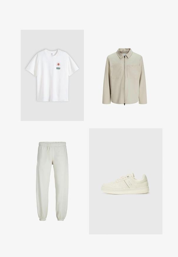 Beige jacka i mjukt tyg, med krage, framsida med dragkedja och två stora bröstfickor. Långa ärmar med avslappnad passform.; Vit bomull t-shirt med korta ärmar. Har en grafik av en sol och "Levi's"-logotypen i grönt, placerad på vänster bröstområde.; Vita sweatpants gjorda av mjukt tyg, med elastisk midja och muddar, samt en slät textur och lös passform.; Krämfärgad sneaker med perforerade detaljer, snören och logotyp på sidan, visad mot en enkel vit bakgrund.