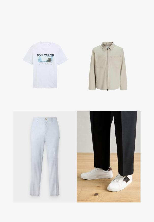 Beige színű, puha anyagból készült dzseki, gallérral, elülső cipzárral és két nagy zsebbe való mellel. Hosszú ujjú, laza fazonú.; Fehér pamut póló kék és fekete grafikai mintával és szöveggel. Rövid ujjak, kerek nyakkivágás, laza szabású.; Világoskék szövetnadrág, klasszikus szabással, egyenes lábbal, elülső zsebekkel és gombos záródással. Finom mintázat részletekkel.; Fehér sneaker, sima textúrával, barna bőr díszítéssel és fekete részletekkel, fekete szabott nadrággal párosítva. Fából készült padló háttér.