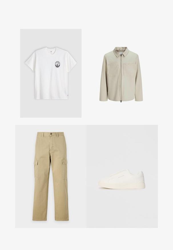 Béžová bunda vyrobená z jemného materiálu, s golierom, predným zipsom a dvoma veľkými náprsníkmi. Dlhé rukávy s voľným strihom.; Biely bavlnený tričko s krátkymi rukávmi, okrúhlym výstrihom a čiernym kruhovým logom na ľavej hrudi s upraveným dizajnom.; Bežové cargo nohavice vyrobené z bavlny, s dvoma bočnými vreckami, zapínaním na gombík a rovným strihom s mierne textúrovanou tkaninou.; Biele slip-on tenisky s textúrovaným povrchom, hrubou podrážkou a minimalistickým dizajnom. Obsahuje logo značky na boku.