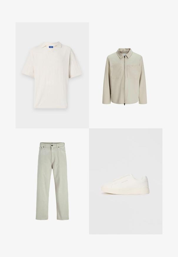 Beige jacka i mjukt tyg, med krage, framsida med dragkedja och två stora bröstfickor. Långa ärmar med avslappnad passform.; Kortärmad, v-ringad stickad skjorta i avig vit med vertikal ribbstruktur. Har en mjuk krage och en avslappnad passform.; Ljusbeige denimjeans med raka ben, femficksdesign och knäppning i midjan, med minimala sömdetaljer.; Vita slip-on sneakers med en texturerad yta, en tjock sula och minimalistisk design. Har varumärkeslogotypen på sidan.