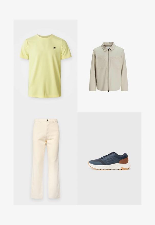 Beige jacka i mjukt tyg, med krage, framsida med dragkedja och två stora bröstfickor. Långa ärmar med avslappnad passform.; Ljusgul kortärmad t-shirt med rund hals och liten svart logo på vänster bröst, visad mot vit bakgrund.; Krämfärgade bomullsjeans med rak bendesign, som har en knappstängning fram och standard femficksstil.; Marinblå träningsskor med en brun häldetalj, strukturerad mesh-ovandel, vadderad krage och vit gummisula med ett mönstrat mönster.