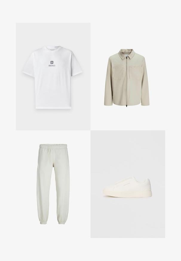 Jachetă bej dintr-un material moale, având o guler, fermoar frontal și două buzunare mari pe piept. Mâneci lungi cu o croială lejeră.; Tricou din bumbac alb cu mâneci scurte, având un grafic central cu un leu și cuvântul "ORIGINALE" în negru, guler rotund, croială lejeră.; Pantaloni de trening albi, realizati dintr-un textile moale, avand talie elastica si mansete, cu o textura fina si un design lejer.; Tenisi albi slip-on cu o suprafață texturată, talpă groasă și un design minimalist. Prezintă logo-ul brandului pe lateral.