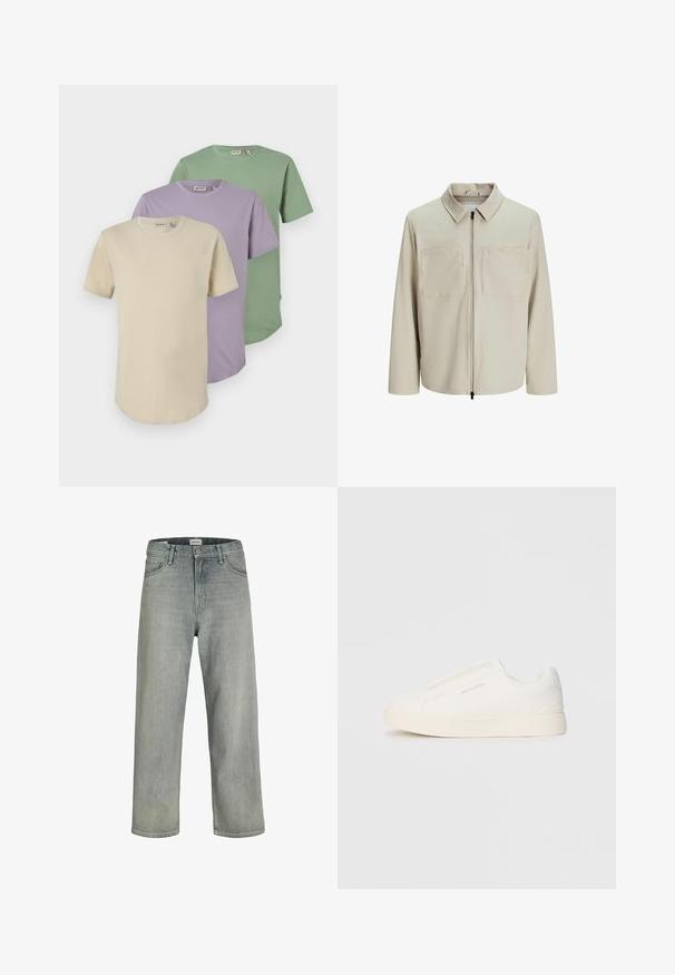 Giacca beige realizzata in tessuto morbido, dotata di colletto, zip frontale e due ampie tasche sul petto. Maniche lunghe con una vestibilità rilassata.; Tre T-shirt a maniche corte nei colori crema, lavanda e verde. Realizzate in morbido cotone, con scollature rotonde e vestibilità comoda.; Jeans grigi chiaro, con vestibilità comoda, realizzati in denim. Presentano un classico design a cinque tasche, passanti per cintura e una silhouette a gamba dritta.; Sneakers bianchi slip-on con superficie texturizzata, suola spessa e design minimalista. Presentano il logo del marchio sul lato.